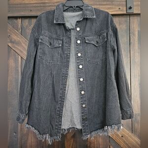 Frayed Hem Black Denim Jacket